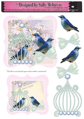 Vintage Blue Birds Card Pink and Insert or 2 Cards Your Choi