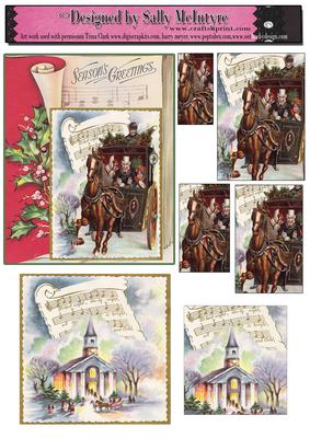 Vintage Christmas 2 Card Sheet Horse and Cart and Church
