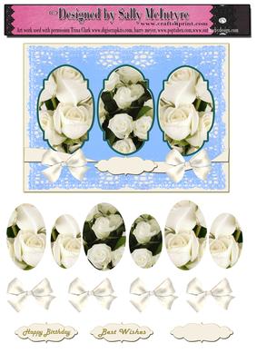 White Roses,ribbon and Bows Blue