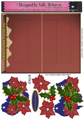 W Fold Card with 3D Holly and Poinsettia Map of Australia Le