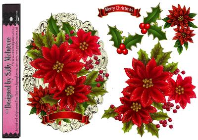 Poinsettia and Holly Christmas Green Ornate Background