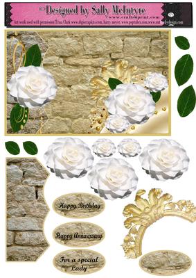 3D White Camelias on a Stone Wall with Gold