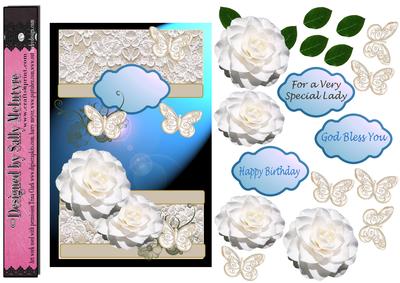 Camelias,flowers,lace and Multiple Butterflies Aqua and Blue