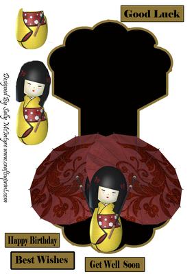 Japenese Double Geisha with Umbrella Rocker Card Step by Step Black