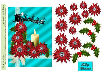 Santas Coming 3D- Poinsettia Candle with Ribbon Merry Christ