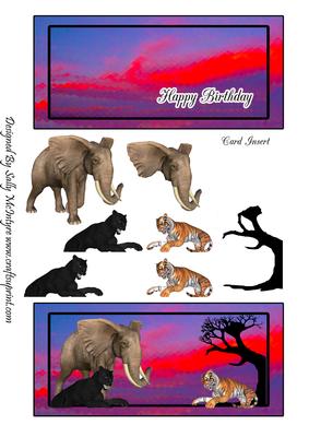 In the Jungle Wilcats and Elephants at Sunset Happy Birthday Inset