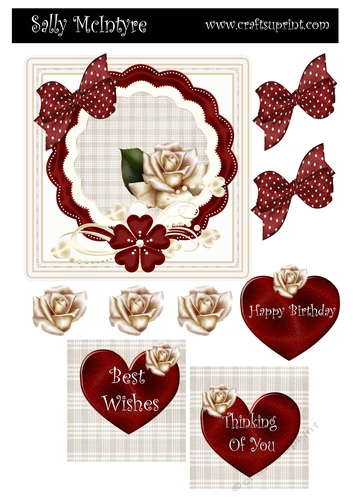 hearts red cream ladies card ,featuring gold roses,red and white hearts