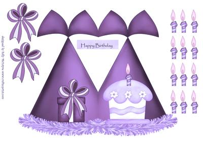 Birthday Hat Shaped Purple Card Withcake and Candles 3D