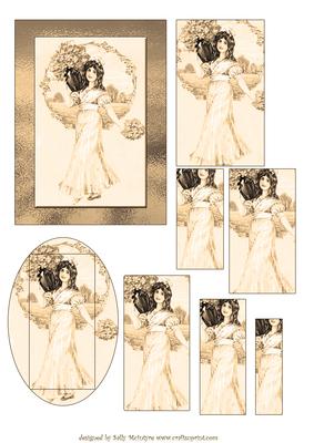 Vintage Girl Ladies Card in Sepia 2 Card Sheet