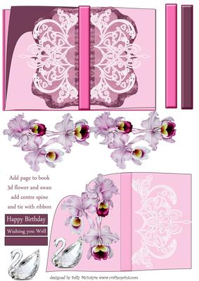 Book Card Sheet with 3D Orchids and Crystal Swan Add a Ribbo