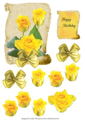 Yellow Roses in a Scroll Decoupage Happy Birthday Scroll