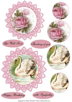 Vintage Pink Rose Card and Swan Card with Lace Edge Pyramid