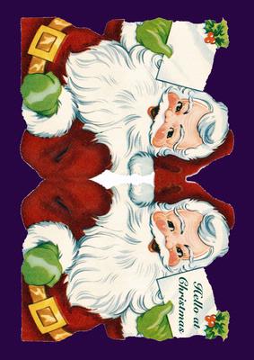 Santa Shaped Card Hello at Christmas Vintage Blue Background