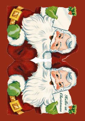 Santa Shaped Card Hello at Christmas Vintage Red Background