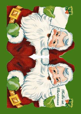 Santa Shaped Card Hello at Christmas Vintage Green Background