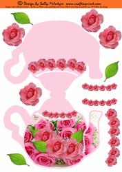 Tea Pot Shaped Card with 3D Flowers and Leaves