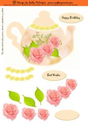 Tea Pot Shaped Topper with 3D Flowers in Apricot