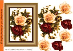 3D Autumn Tones Gold Frame Card Roses Red and Cream