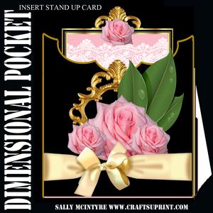 Dimensional Pocket Insert Stand Up Card Pink Roses Black