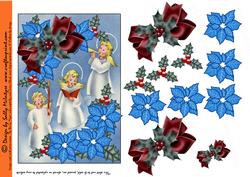 Carolling Angels Decoupage with Blue Poinsettia, Holly and C