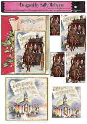 Vintage Christmas 2 Card Sheet Horse and Cart and Church