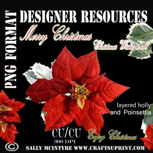 Holly and Poinsettia Layered with Greetings Png Format