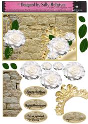 3D White Camelias on a Stone Wall with Gold