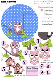Round Folded Card Template Owls Blue