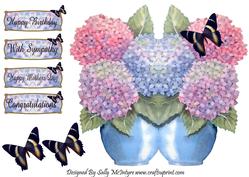 Bowl of Hydranger Shaped Card with Butterlies Happy Birthday Happy Mothers Day with Sympathy Congratulations