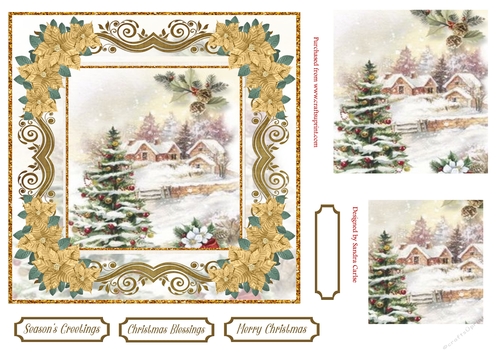 Christmas Snowy Rooftops Topper Gold Poinsettia