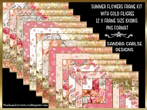 Birthday Summer Flowers 12 x with Gold Filigree Frames Kit 