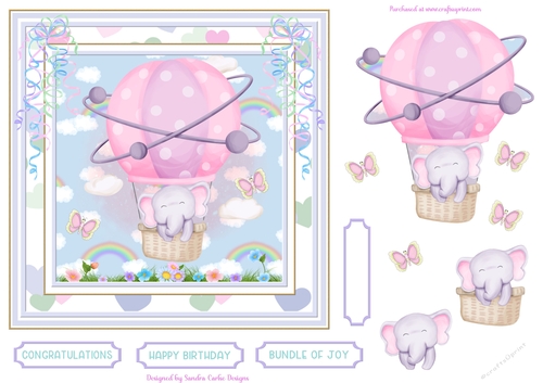 Cute Elephant Watercolour Decoupage Topper 