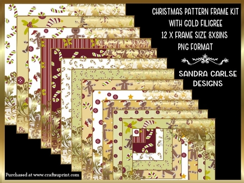 Christmas Gingerbread Pattern 8x8ins Frames Kit with Gold Filigree