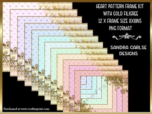 Heart Pattern 8x8ins x 12 Frames Kit with Gold Filigree