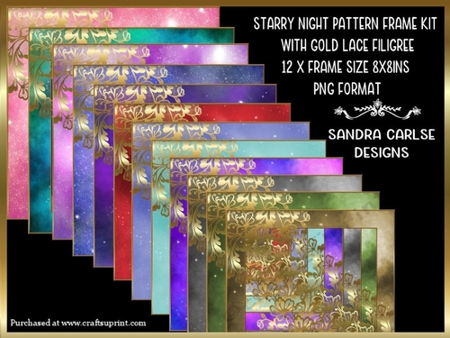 Starry Night 8x8ins Pattern 12 x Frames with gold filigree Kit 