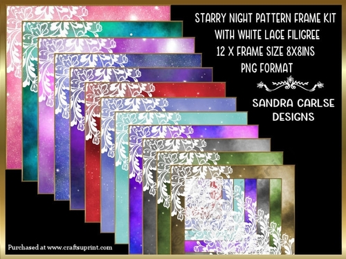 Starry Night 8x8ins Pattern 12 x Frames with white lace filigree Kit 