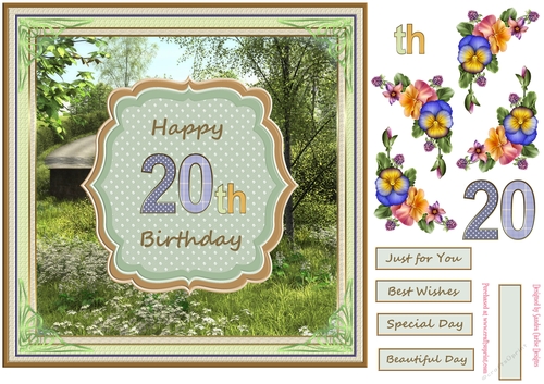 Happy 20th Birthday 8x8ins Decoupage Topper