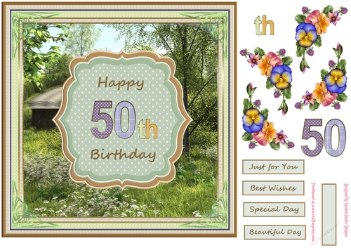 Happy 50th Birthday 8x8ins Decoupage Topper