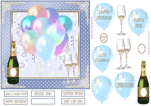 Birthday Pastel Blue Balloons 7x7ins Decoupage Topper 
