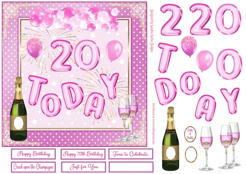 Happy 20th Birthday Pink Balloons 7x7ins Decoupage Topper