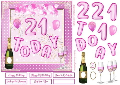 Happy 21st Birthday Pink Balloons 7x7ins Decoupage Topper