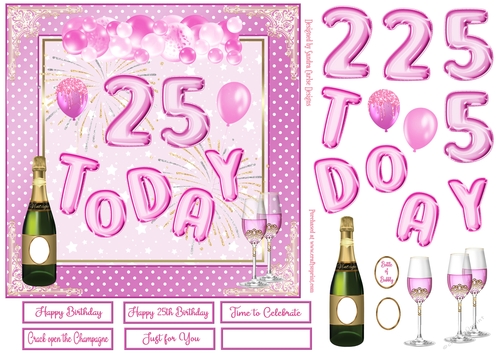 Happy 25th Birthday Pink Balloons 7x7ins Decoupage Topper