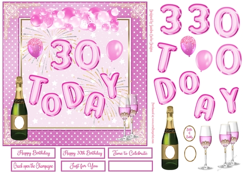 Happy 30th Birthday Pink Balloons 7x7ins Decoupage Topper