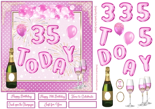 Happy 35th Birthday Pink Balloons 7x7ins Decoupage Topper