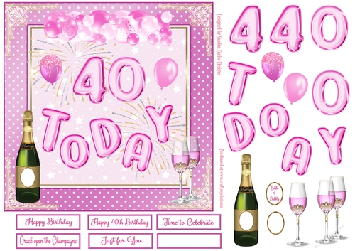 Happy 40th Birthday Pink Balloons 7x7ins Decoupage Topper