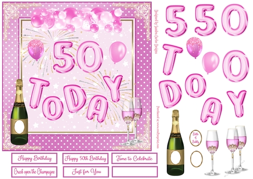 Happy 50th Birthday Pink Balloons 7x7ins Decoupage Topper