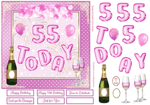 Happy 55th Birthday Pink Balloons 7x7ins Decoupage Topper