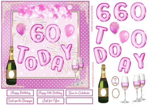 Happy 60th Birthday Pink Balloons 7x7ins Decoupage Topper