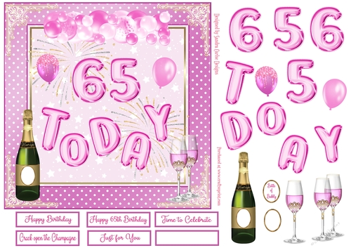 Happy 65th Birthday Pink Balloons 7x7ins Decoupage Topper
