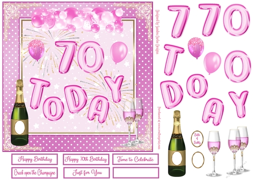 Happy 70th Birthday Pink Balloons 7x7ins Decoupage Topper